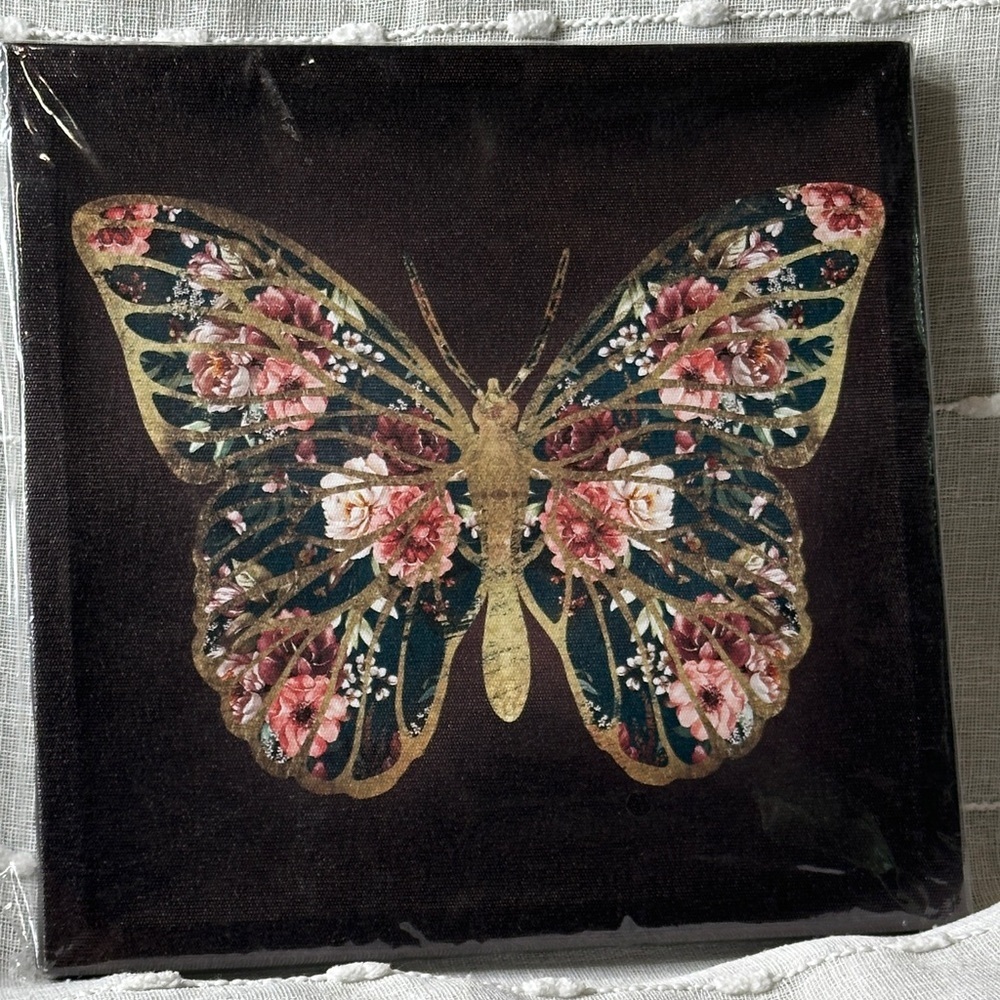 Floral Butterfly Canvas Art Wall Hanging Canvas Home Decor 8.5"x8.5"x0.75" NWT